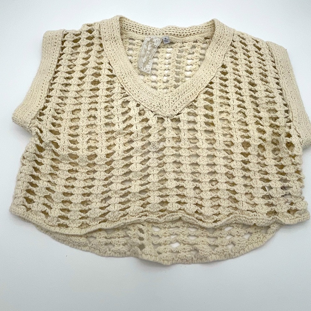 Boho Cream open Knit cropped crochet Women's Sweater size S Beachy coastal